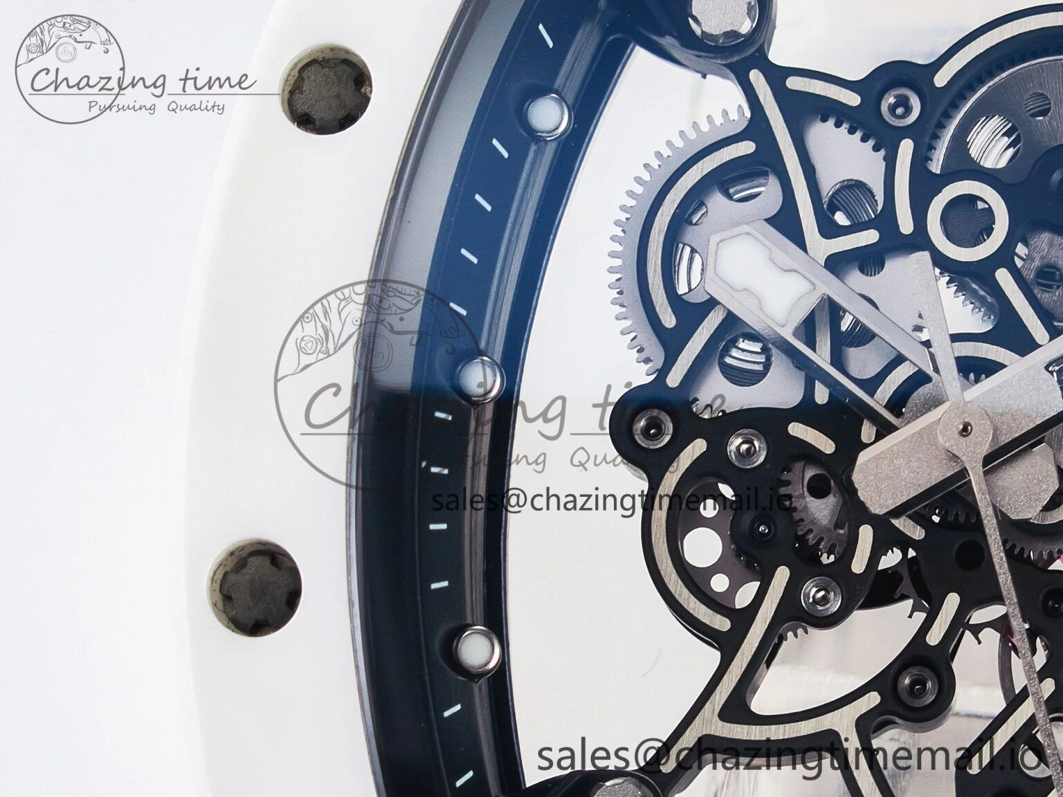 Custom RM055 White Ceramic PPMF 1:1 Best Edition Black Bezel White Crown on Rubber Strap Custom Vaucher Movement
