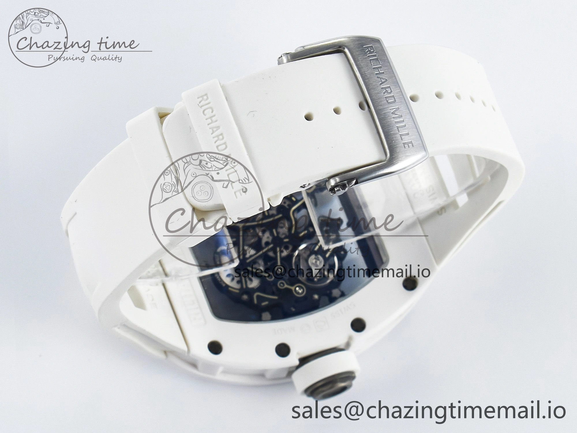 Custom RM055 White Ceramic PPMF 1:1 Best Edition Black Bezel White Crown on Rubber Strap Custom Vaucher Movement