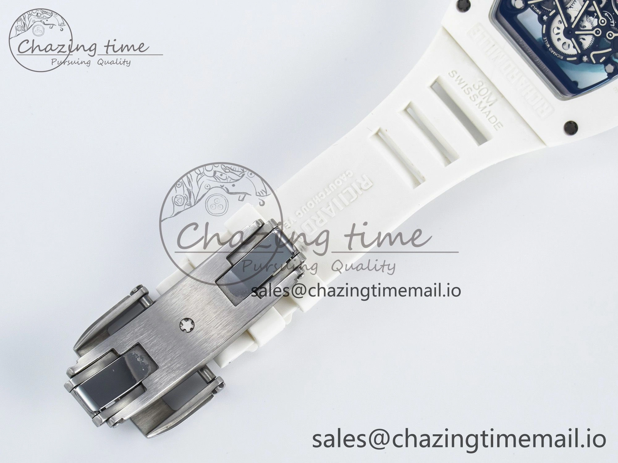 Custom RM055 White Ceramic PPMF 1:1 Best Edition Black Bezel White Crown on Rubber Strap Custom Vaucher Movement