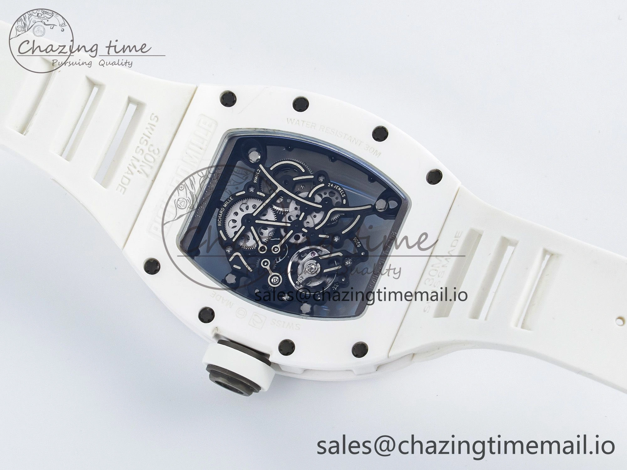 Custom RM055 White Ceramic PPMF 1:1 Best Edition Black Bezel White Crown on Rubber Strap Custom Vaucher Movement