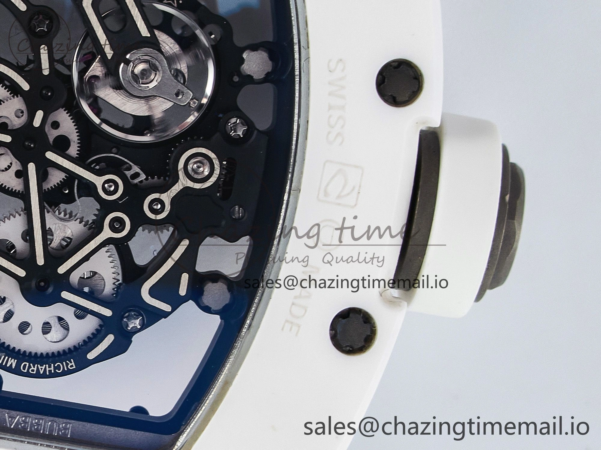 Custom RM055 White Ceramic PPMF 1:1 Best Edition Black Bezel White Crown on Rubber Strap Custom Vaucher Movement
