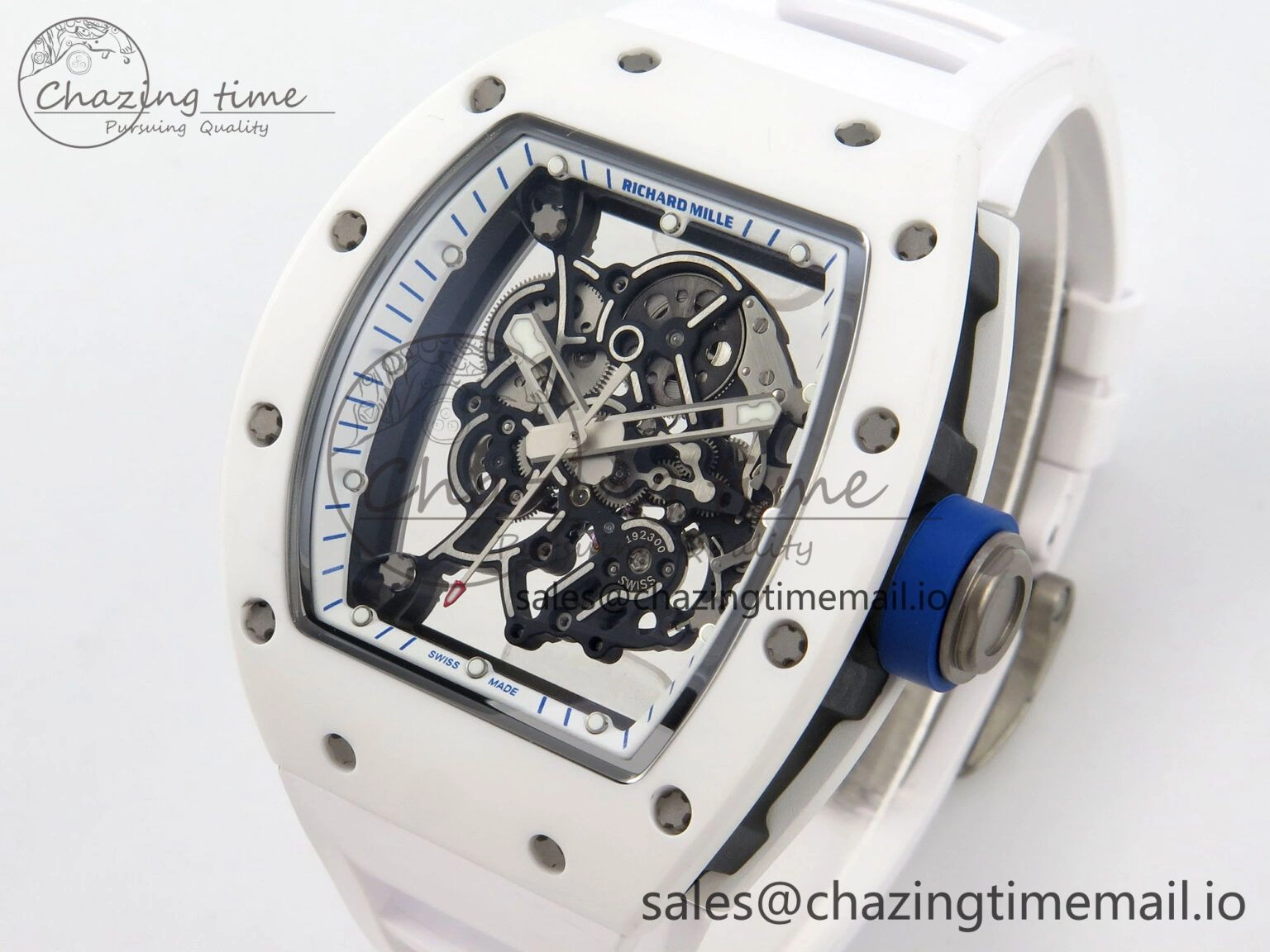 Custom RM055 White Ceramic ZGF Best Edition White Inner Bezel on White Rubber Strap Vaucher Manufacture Fleurier Movement (Free Sprung)
