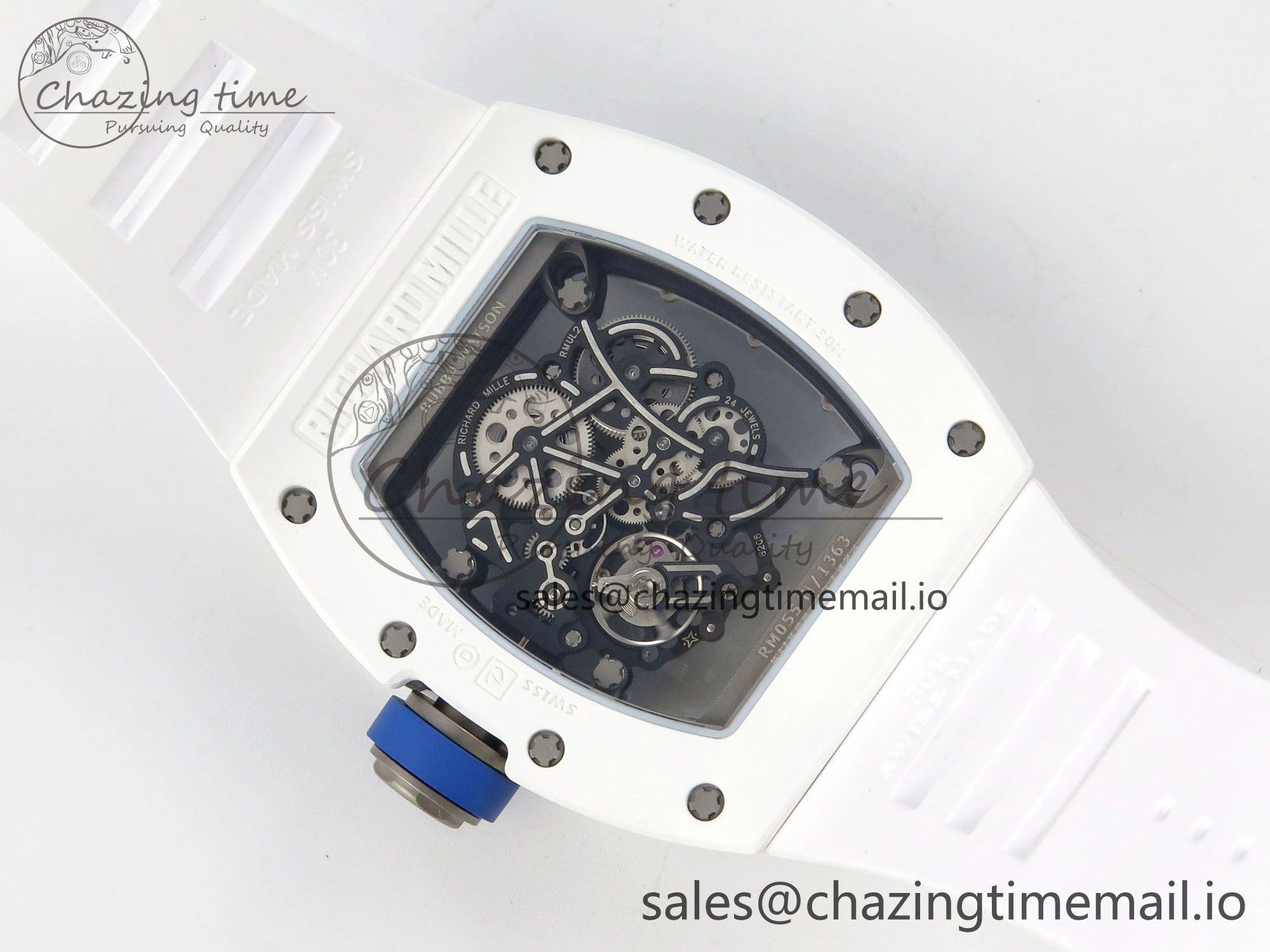 Custom RM055 White Ceramic ZGF Best Edition White Inner Bezel on White Rubber Strap Vaucher Manufacture Fleurier Movement (Free Sprung)