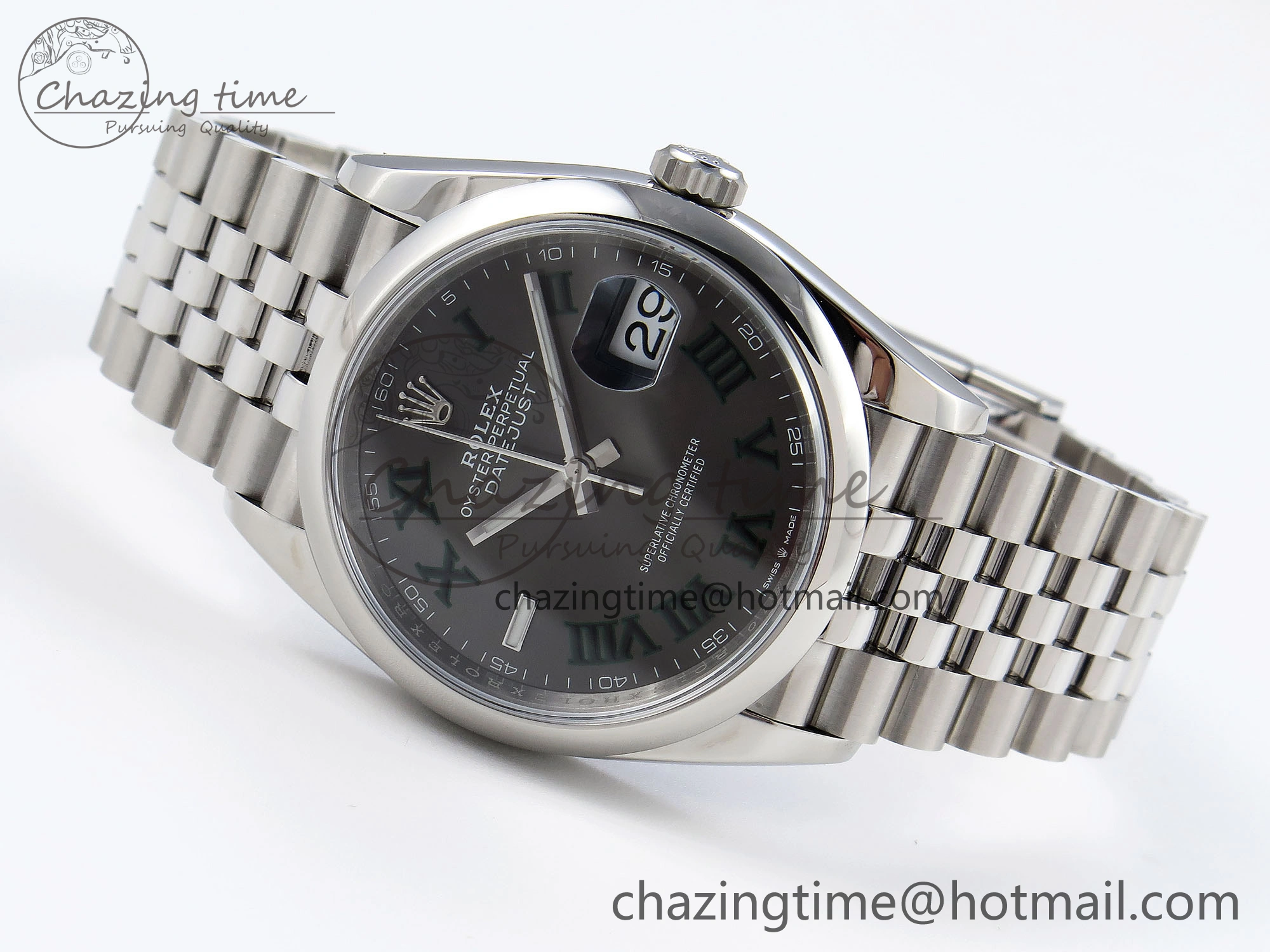 DATEJUST 36 SS 126200 VSF 1:1 BEST EDITION 904L STEEL GRAY DIAL GREEN ROMAN ON JUBILEE BRACELET VS3235