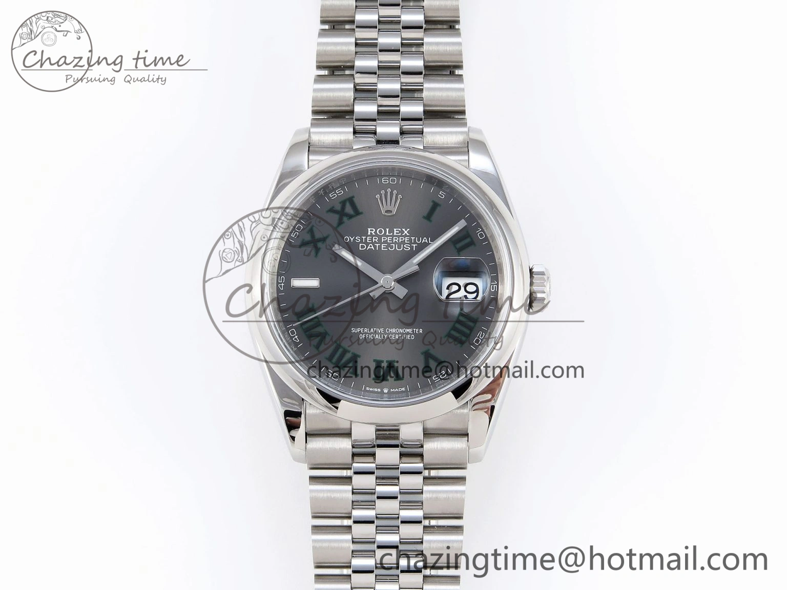 DATEJUST 36 SS 126200 VSF 1:1 BEST EDITION 904L STEEL GRAY DIAL GREEN ROMAN ON JUBILEE BRACELET VS3235