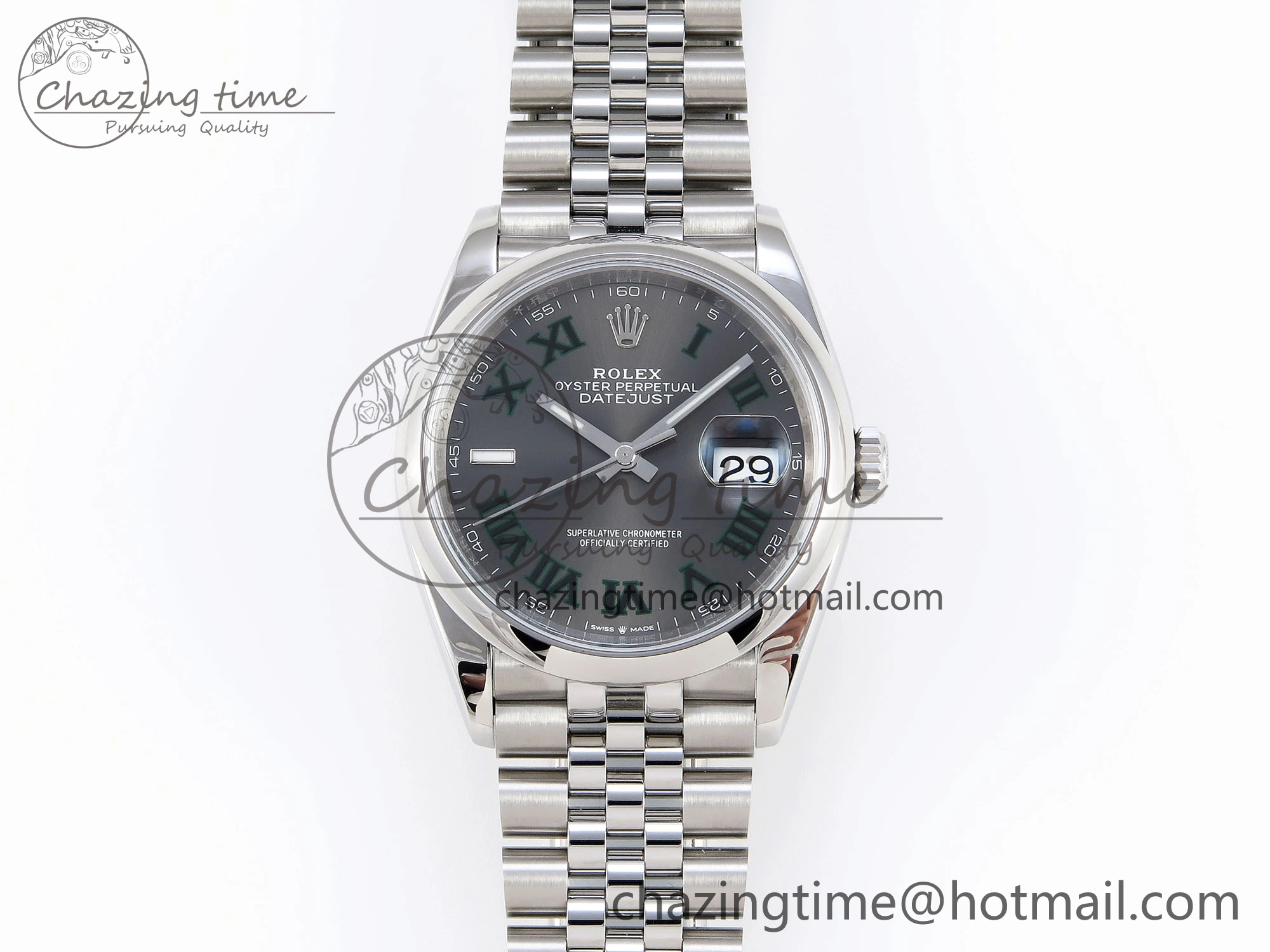DATEJUST 36 SS 126200 VSF 1:1 BEST EDITION 904L STEEL GRAY DIAL GREEN ROMAN ON JUBILEE BRACELET VS3235