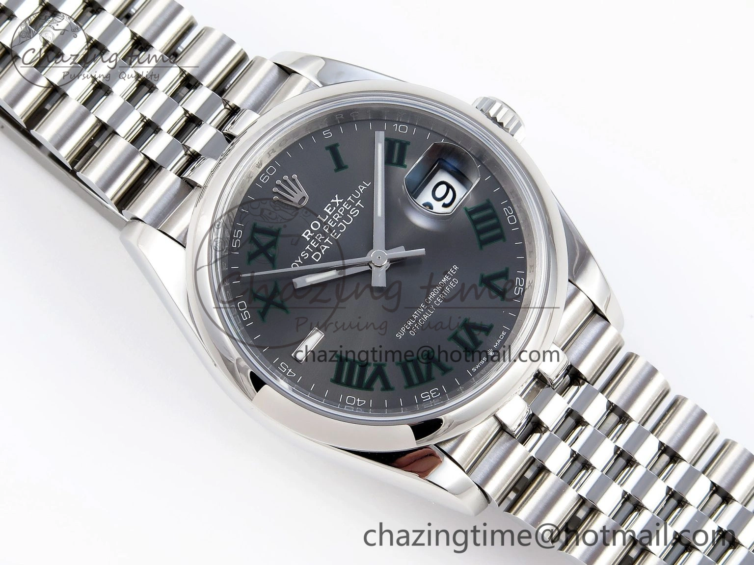 DATEJUST 36 SS 126200 VSF 1:1 BEST EDITION 904L STEEL GRAY DIAL GREEN ROMAN ON JUBILEE BRACELET VS3235