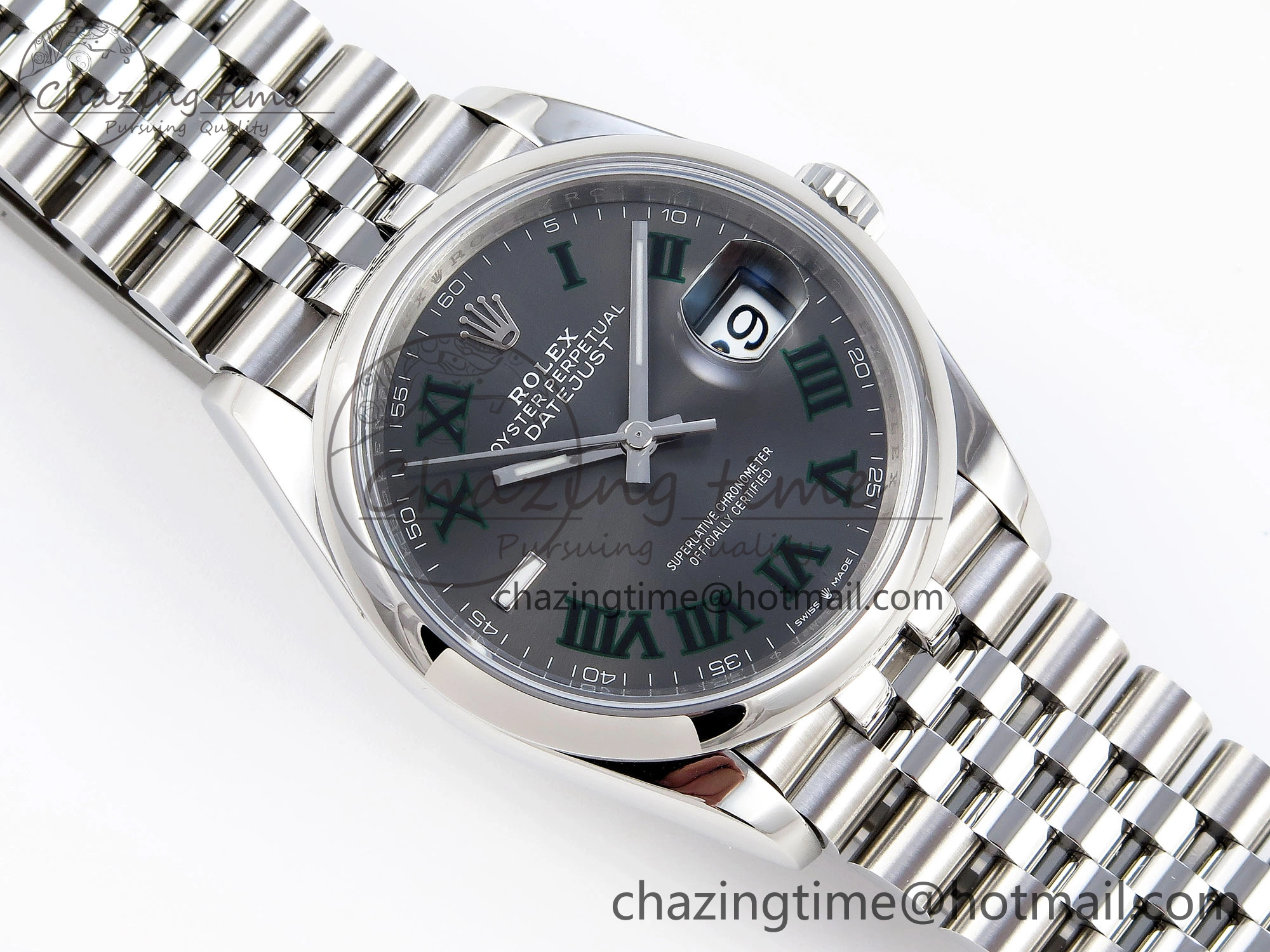 DATEJUST 36 SS 126200 VSF 1:1 BEST EDITION 904L STEEL GRAY DIAL GREEN ROMAN ON JUBILEE BRACELET VS3235