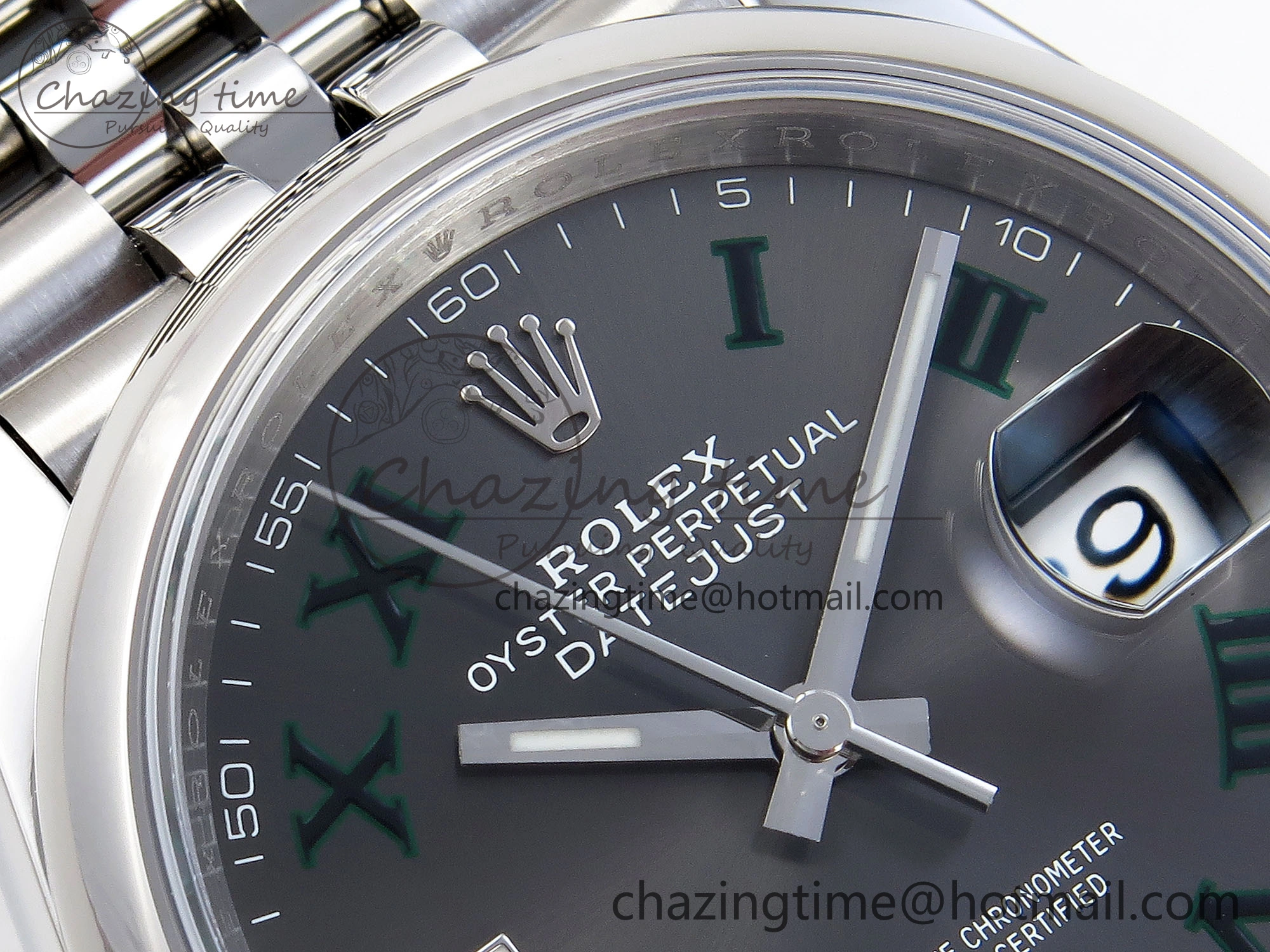 DATEJUST 36 SS 126200 VSF 1:1 BEST EDITION 904L STEEL GRAY DIAL GREEN ROMAN ON JUBILEE BRACELET VS3235