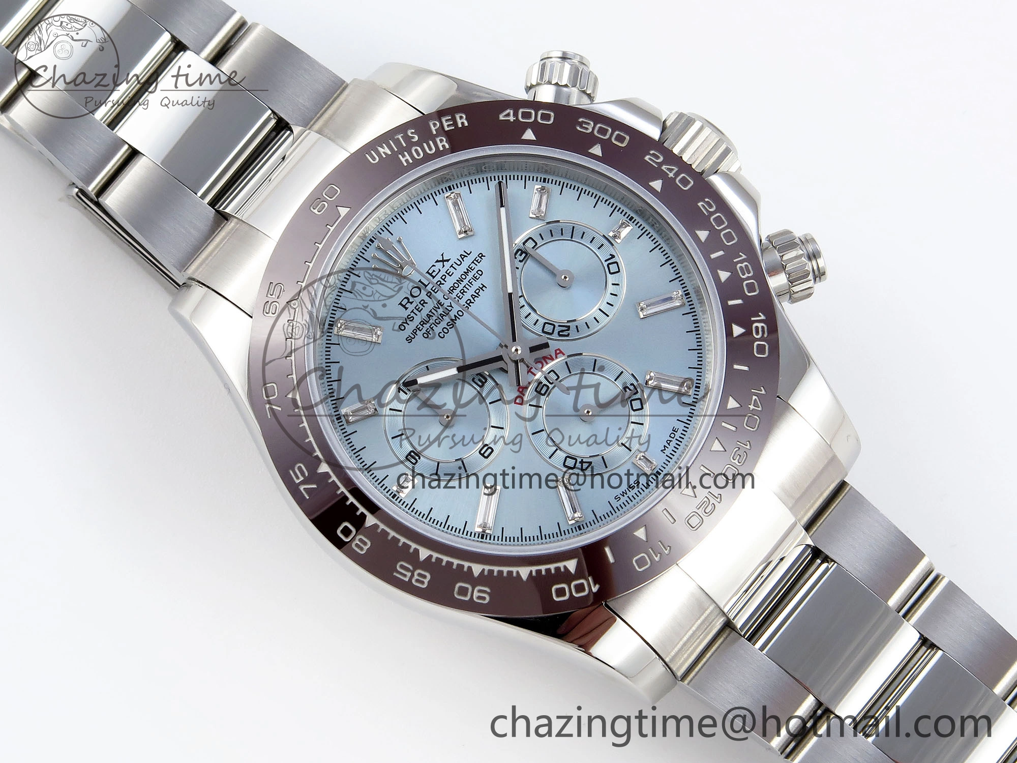 DAYTONA 116506 SS OMF BEST EDITION ICE BLUE CRYSTAL DIAL ON SS BRACELET A7750 (SLIM MOVEMENT)