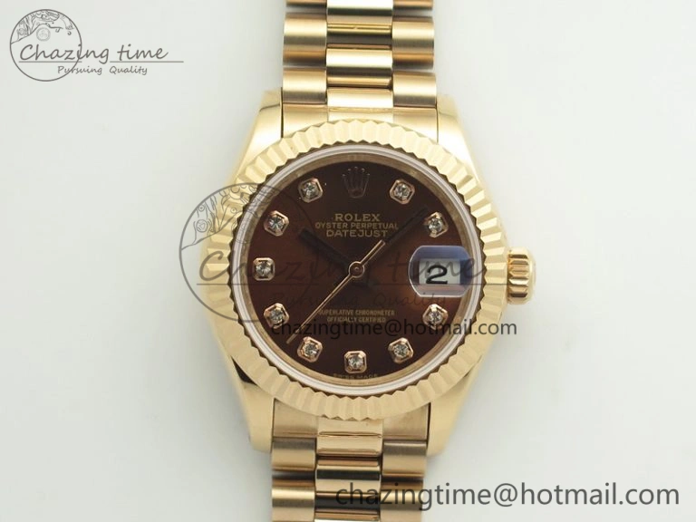 DateJust 28mm RG BP Maker Best Edition Brown Diam Dial Fluted Bezel On RG Bracelet ETA2671