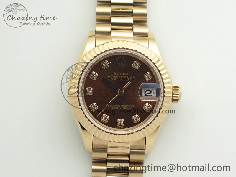 DateJust 28mm RG BP Maker Best Edition Brown Diam Dial Fluted Bezel On RG Bracelet ETA2671