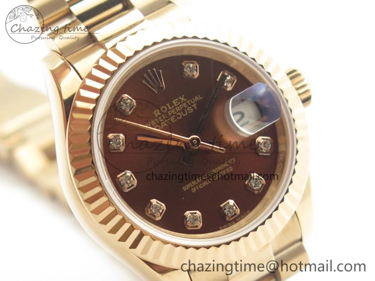 DateJust 28mm RG BP Maker Best Edition Brown Diam Dial Fluted Bezel On RG Bracelet ETA2671