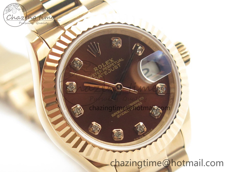 DateJust 28mm RG BP Maker Best Edition Brown Diam Dial Fluted Bezel On RG Bracelet ETA2671