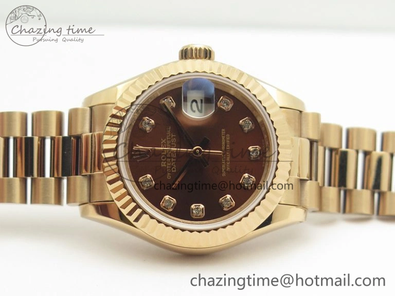 DateJust 28mm RG BP Maker Best Edition Brown Diam Dial Fluted Bezel On RG Bracelet ETA2671