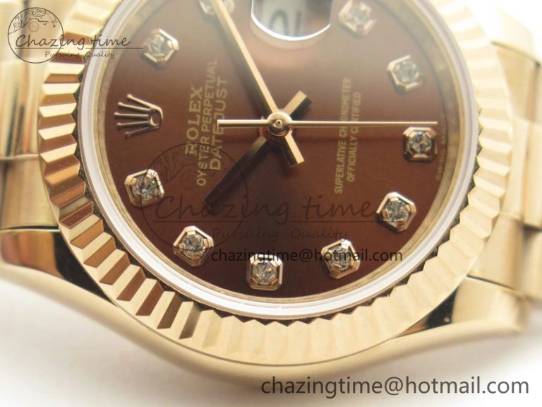 DateJust 28mm RG BP Maker Best Edition Brown Diam Dial Fluted Bezel On RG Bracelet ETA2671