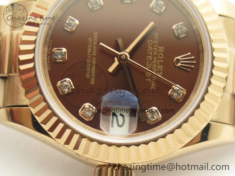 DateJust 28mm RG BP Maker Best Edition Brown Diam Dial Fluted Bezel On RG Bracelet ETA2671