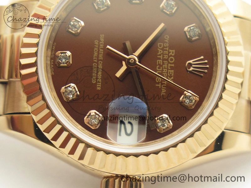 DateJust 28mm RG BP Maker Best Edition Brown Diam Dial Fluted Bezel On RG Bracelet ETA2671