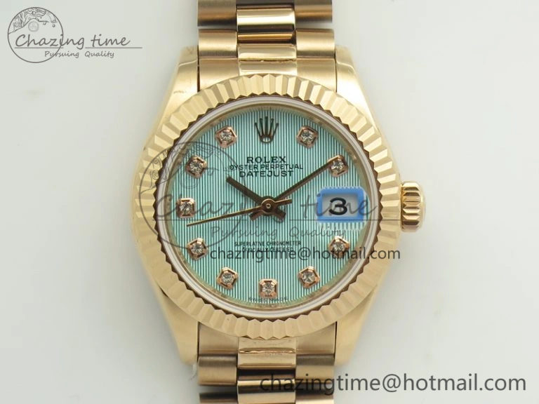 DateJust 28mm RG BP Maker Best Edition Ice Blue Diam Dial Fluted Bezel On RG Bracelet ETA2671