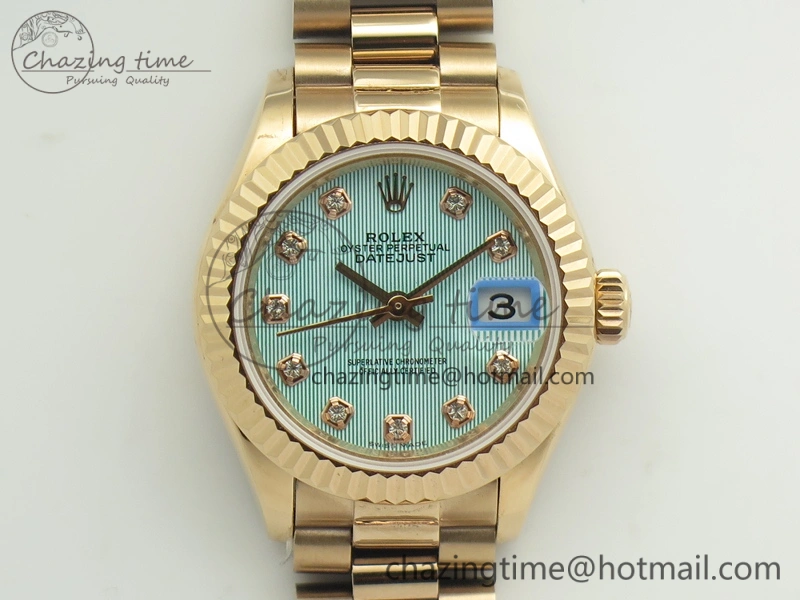 DateJust 28mm RG BP Maker Best Edition Ice Blue Diam Dial Fluted Bezel On RG Bracelet ETA2671