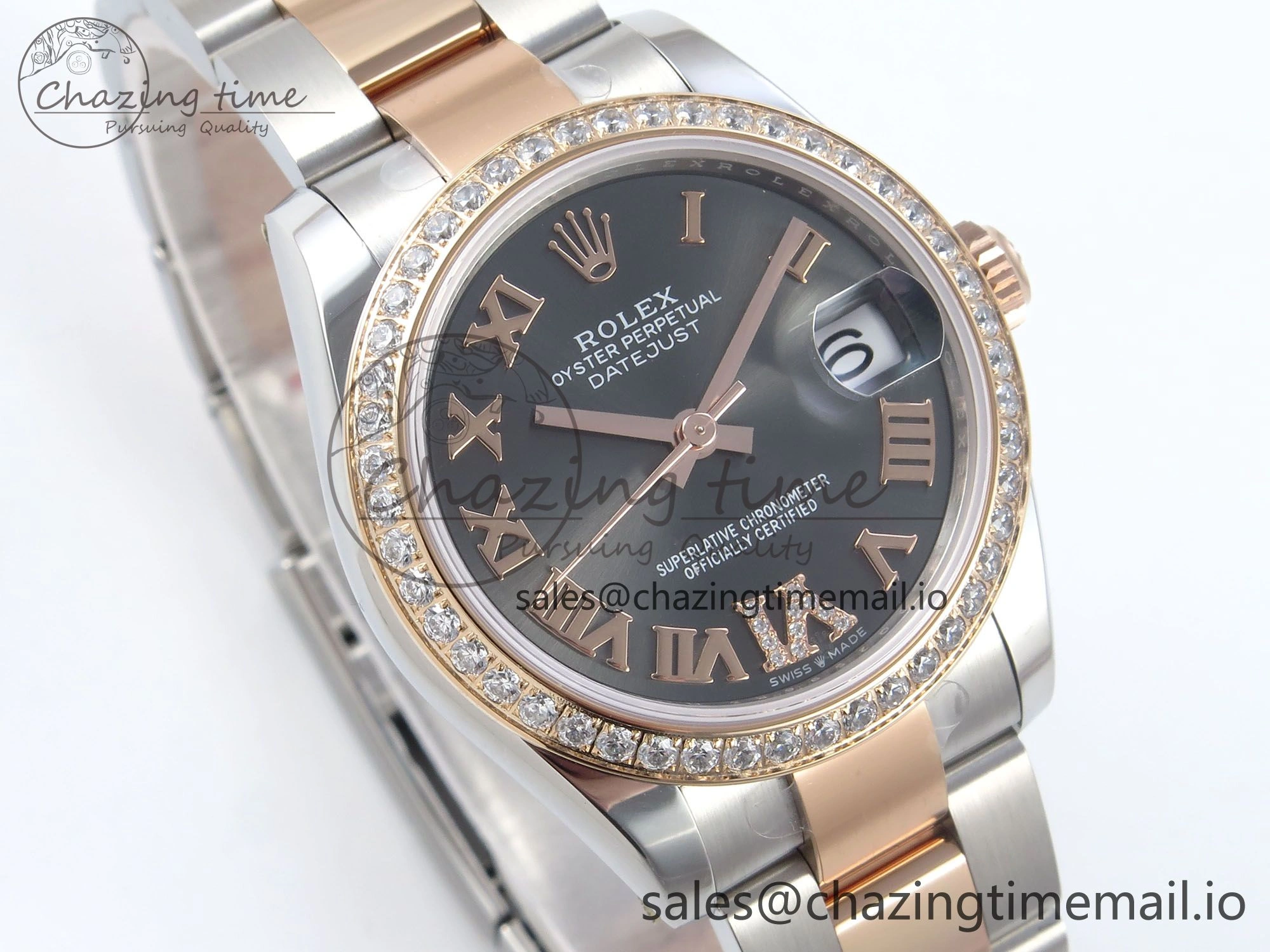 DateJust 31 278381RBR ARF 1:1 Best Edition 904L Steel Gray Roman Diamonds Dial Diamonds Bezel on SS RG Oyster Bracelet ETA 2688