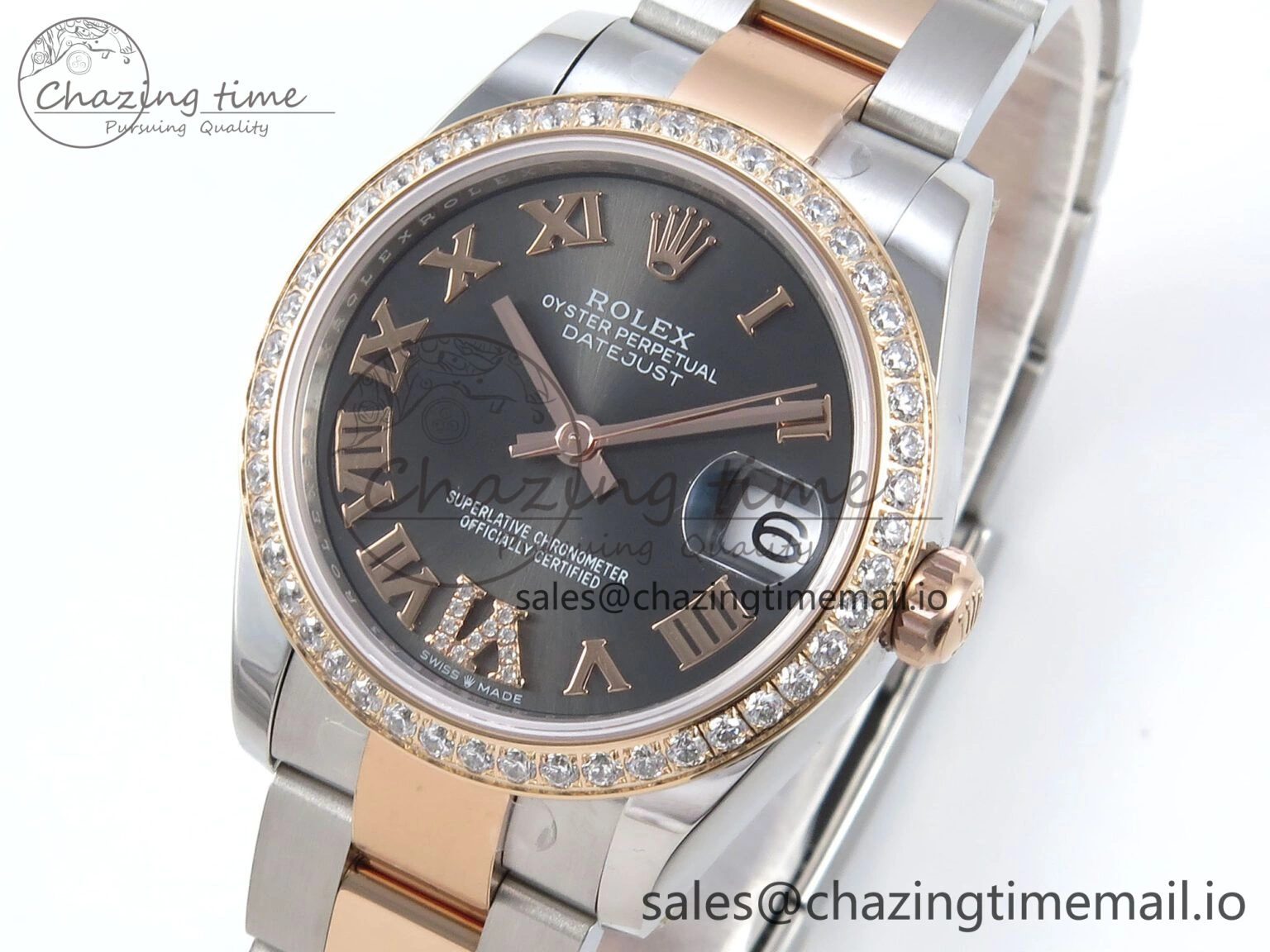DateJust 31 278381RBR ARF 1:1 Best Edition 904L Steel Gray Roman Diamonds Dial Diamonds Bezel on SS RG Oyster Bracelet ETA 2688