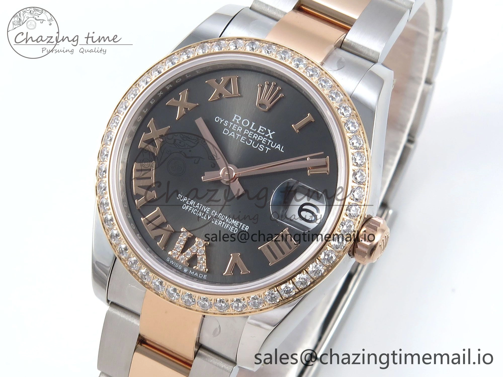 DateJust 31 278381RBR ARF 1:1 Best Edition 904L Steel Gray Roman Diamonds Dial Diamonds Bezel on SS RG Oyster Bracelet ETA 2688