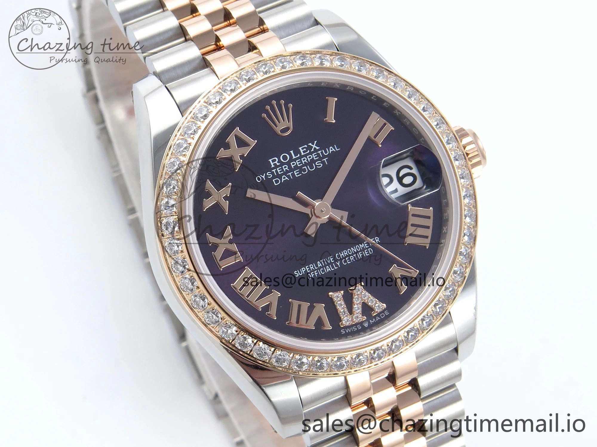 DateJust 31 278381RBR ARF 1:1 Best Edition 904L Steel Purple Roman Diamonds Dial Diamonds Bezel on SS RG Jubilee Bracelet ETA 2688