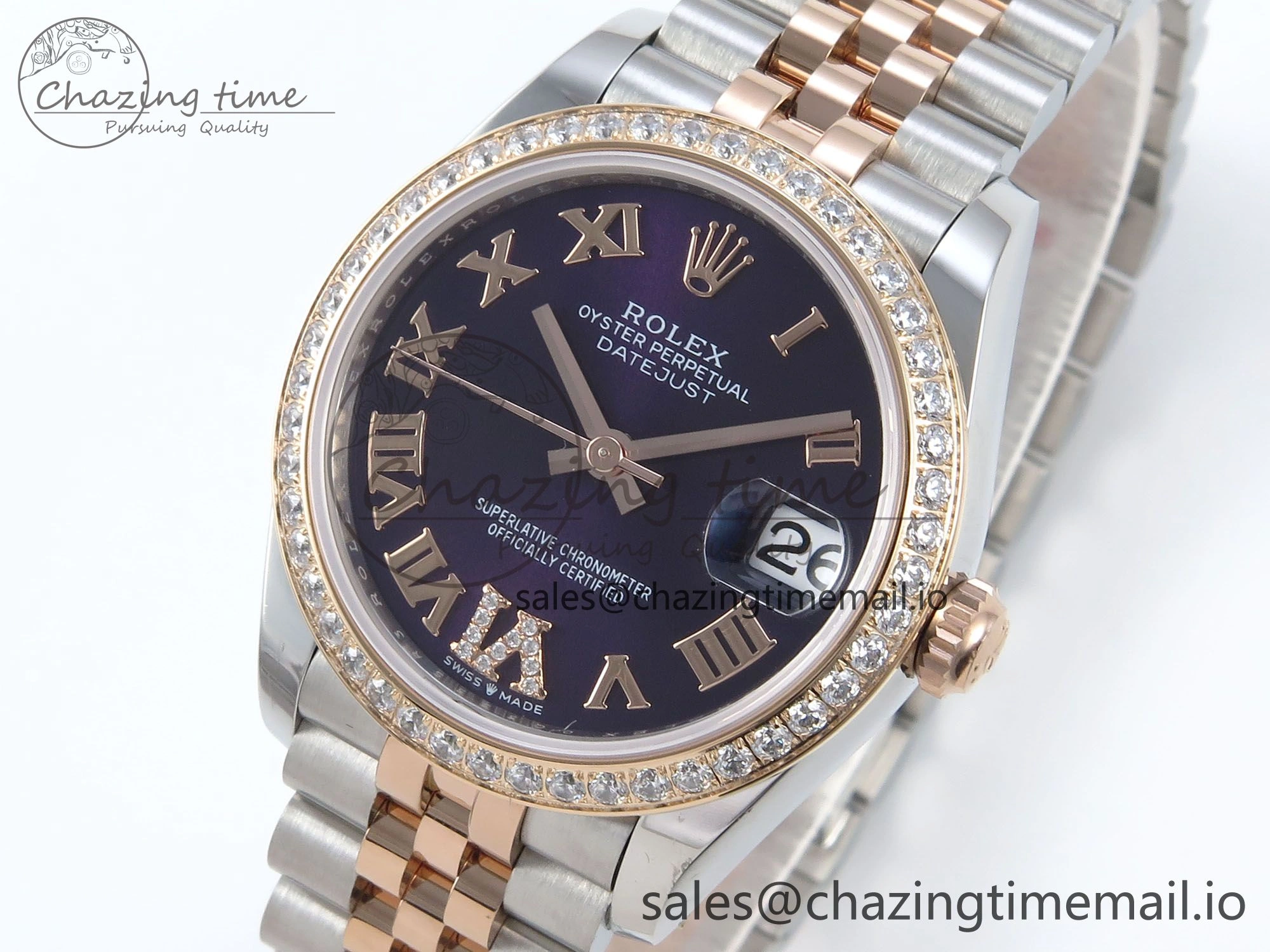 DateJust 31 278381RBR ARF 1:1 Best Edition 904L Steel Purple Roman Diamonds Dial Diamonds Bezel on SS RG Jubilee Bracelet ETA 2688