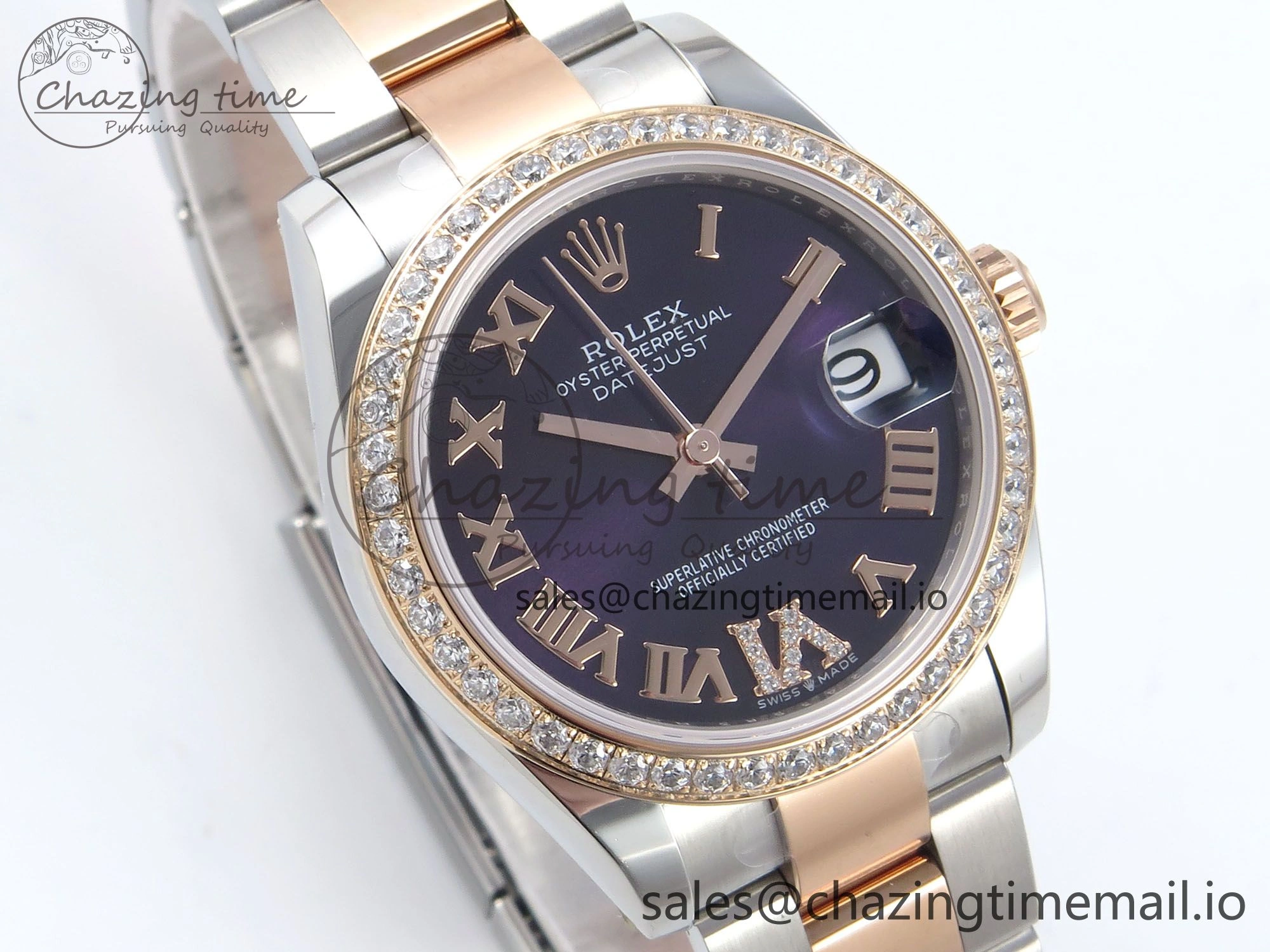DateJust 31 278381RBR ARF 1:1 Best Edition 904L Steel Purple Roman Diamonds Dial Diamonds Bezel on SS RG Oyster Bracelet ETA 2688