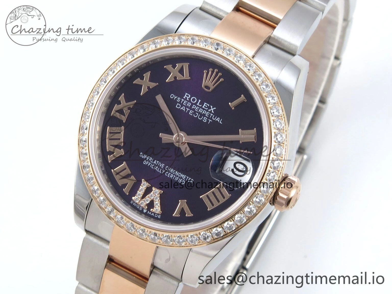 DateJust 31 278381RBR ARF 1:1 Best Edition 904L Steel Purple Roman Diamonds Dial Diamonds Bezel on SS RG Oyster Bracelet ETA 2688