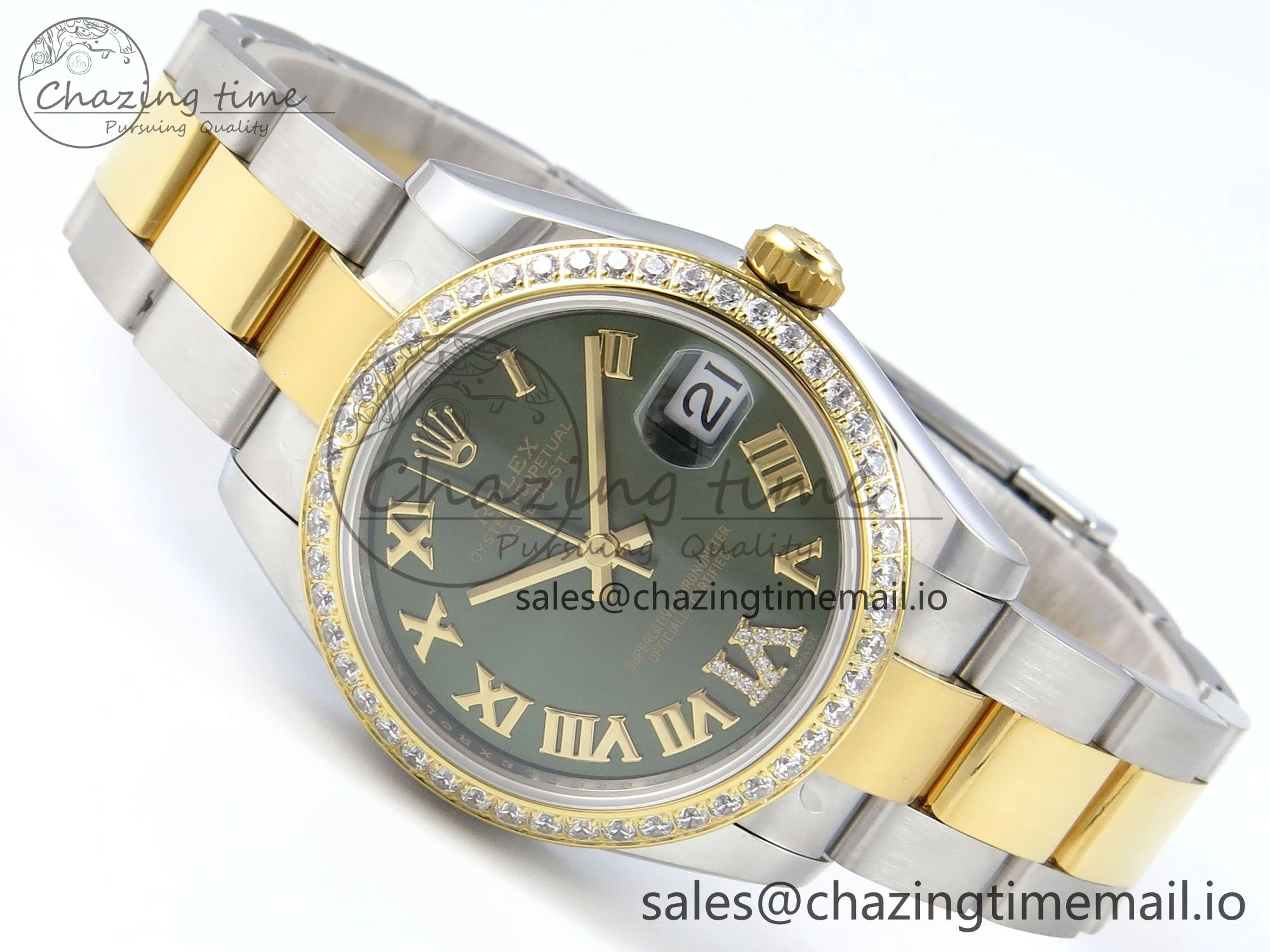 DateJust 31 278383RBR ARF 1:1 Best Edition 904L Steel Green Roman Diamonds Dial Diamonds Bezel on SS YG Oyster Bracelet ETA 2688