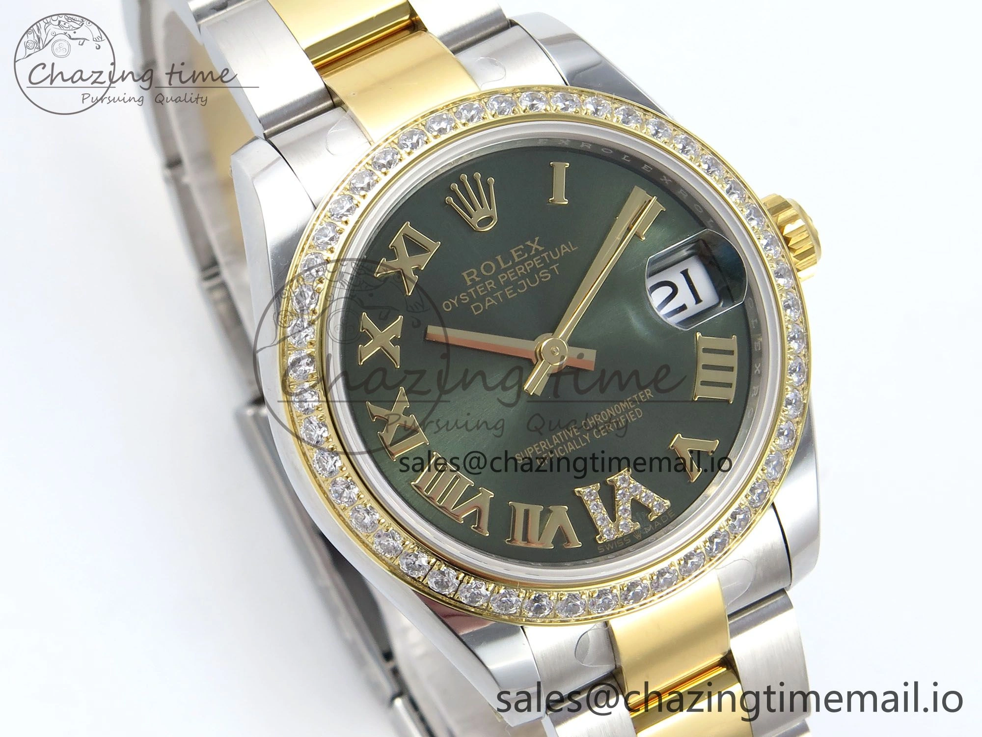DateJust 31 278383RBR ARF 1:1 Best Edition 904L Steel Green Roman Diamonds Dial Diamonds Bezel on SS YG Oyster Bracelet ETA 2688