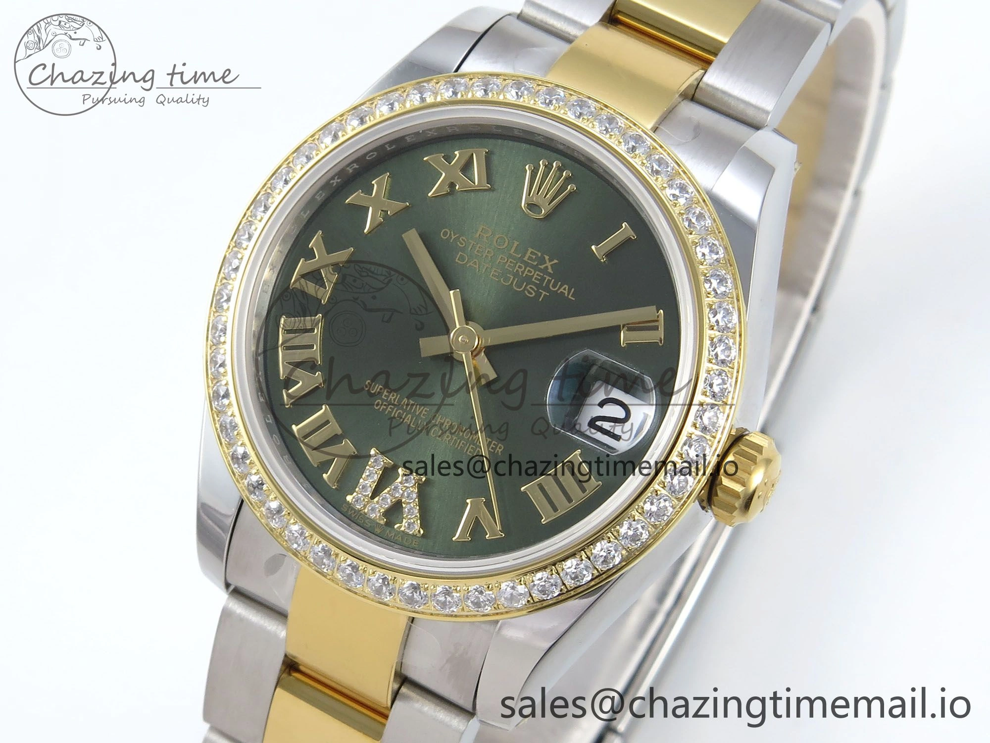 DateJust 31 278383RBR ARF 1:1 Best Edition 904L Steel Green Roman Diamonds Dial Diamonds Bezel on SS YG Oyster Bracelet ETA 2688