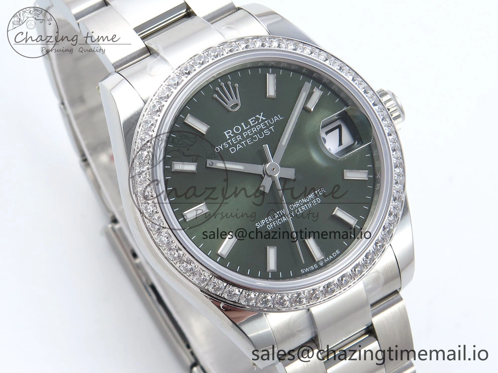 DateJust 31 278384RBR ARF 1:1 Best Edition 904L Steel Green Stick Dial Diamonds Bezel on SS Oyster Bracelet ETA 2688
