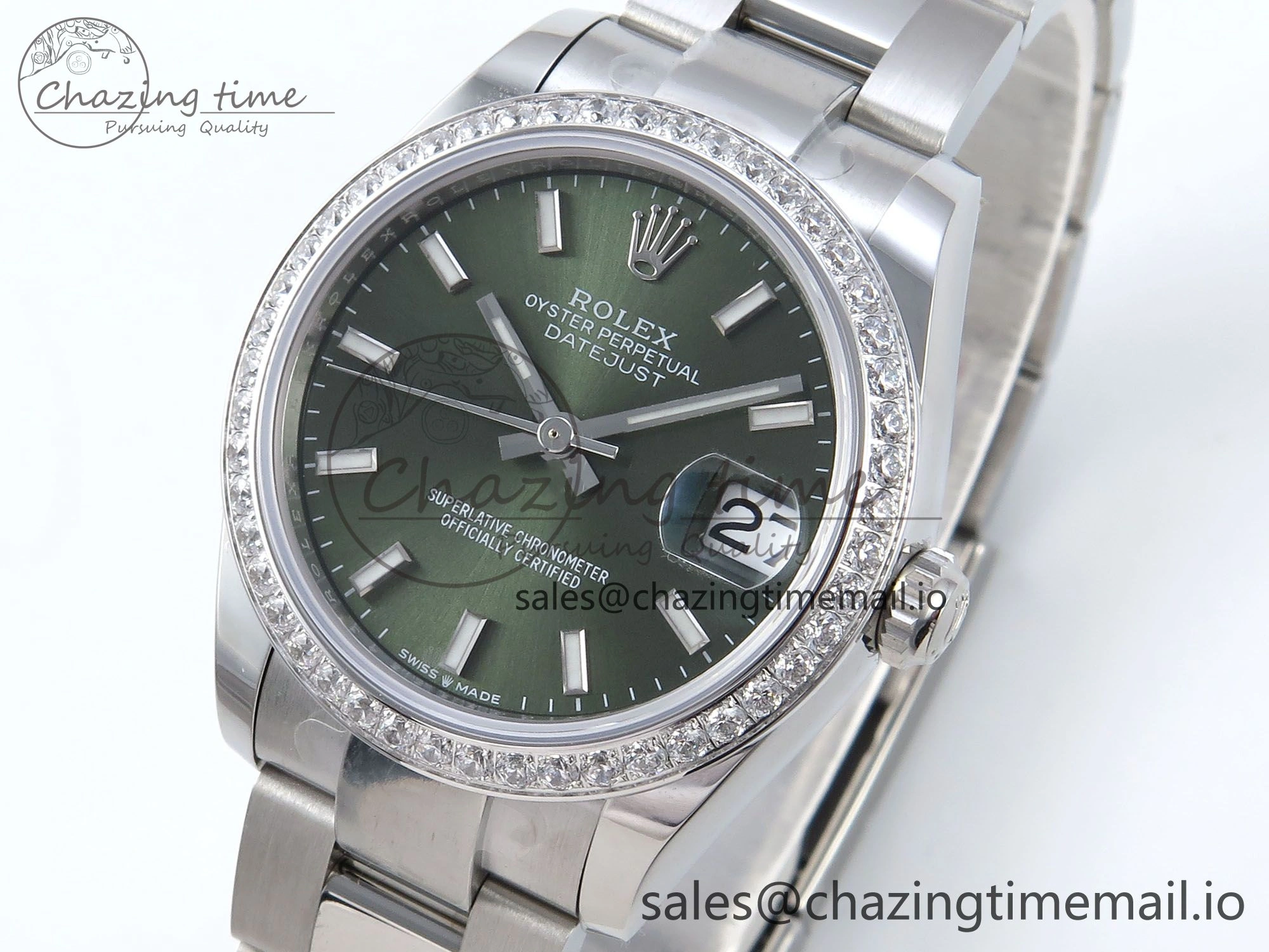 DateJust 31 278384RBR ARF 1:1 Best Edition 904L Steel Green Stick Dial Diamonds Bezel on SS Oyster Bracelet ETA 2688