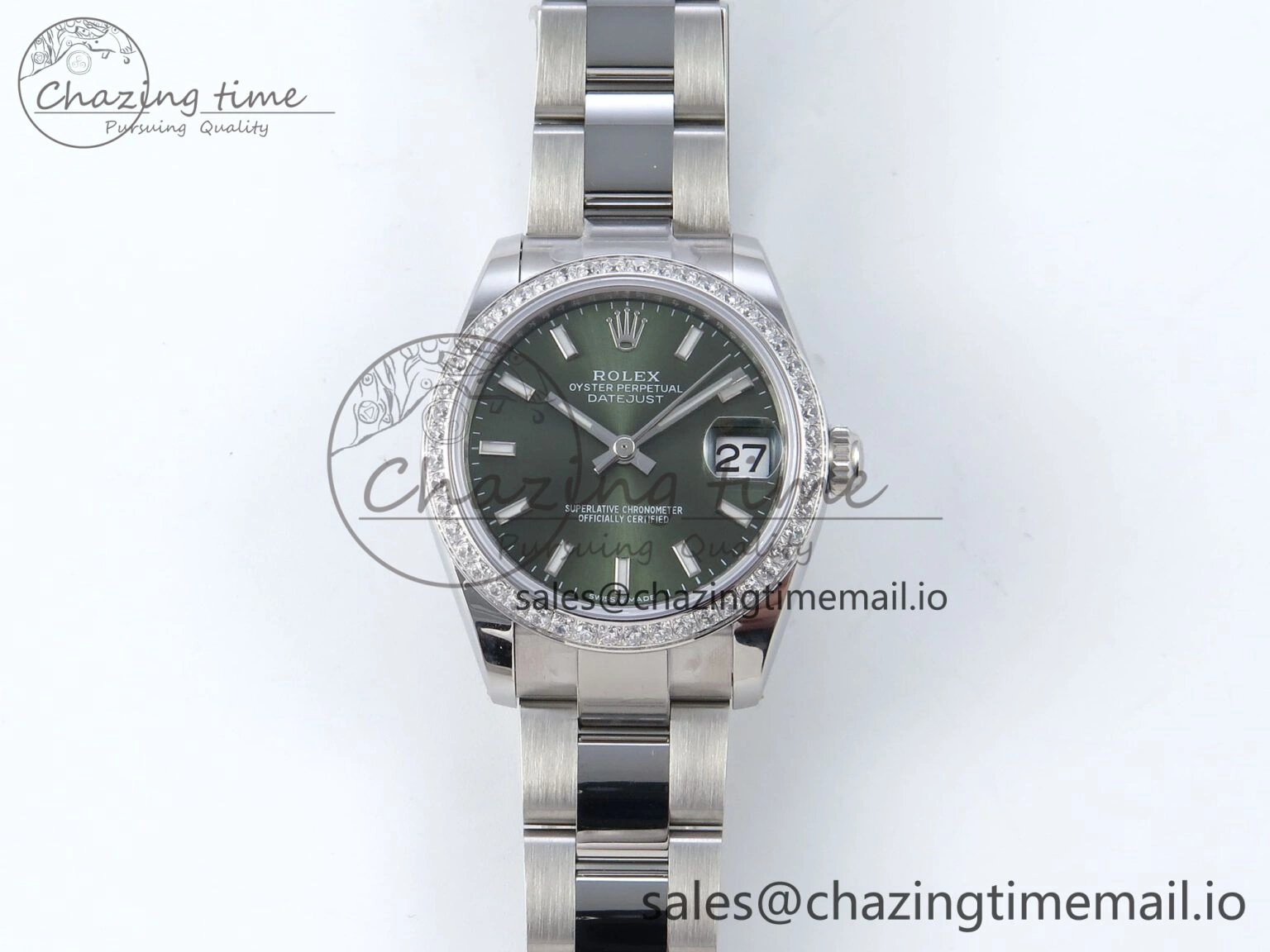 DateJust 31 278384RBR ARF 1:1 Best Edition 904L Steel Green Stick Dial Diamonds Bezel on SS Oyster Bracelet ETA 2688