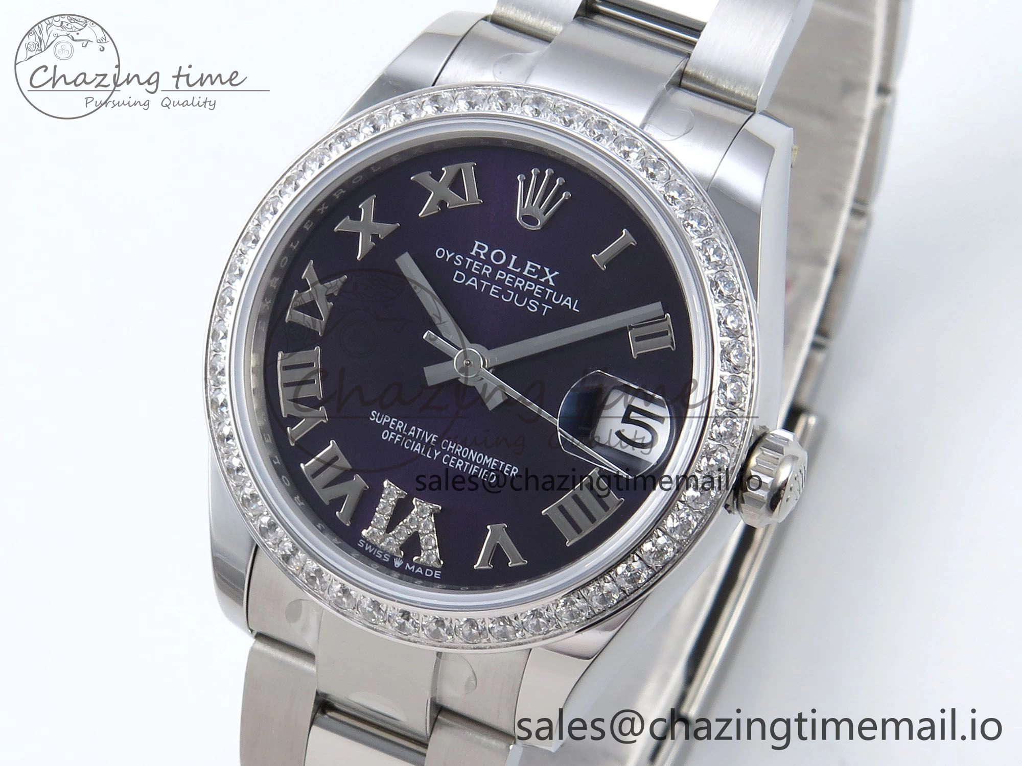 DateJust 31 278384RBR ARF 1:1 Best Edition 904L Steel Purple Roman Diamonds Dial Diamonds Bezel on SS Oyster Bracelet ETA 2688