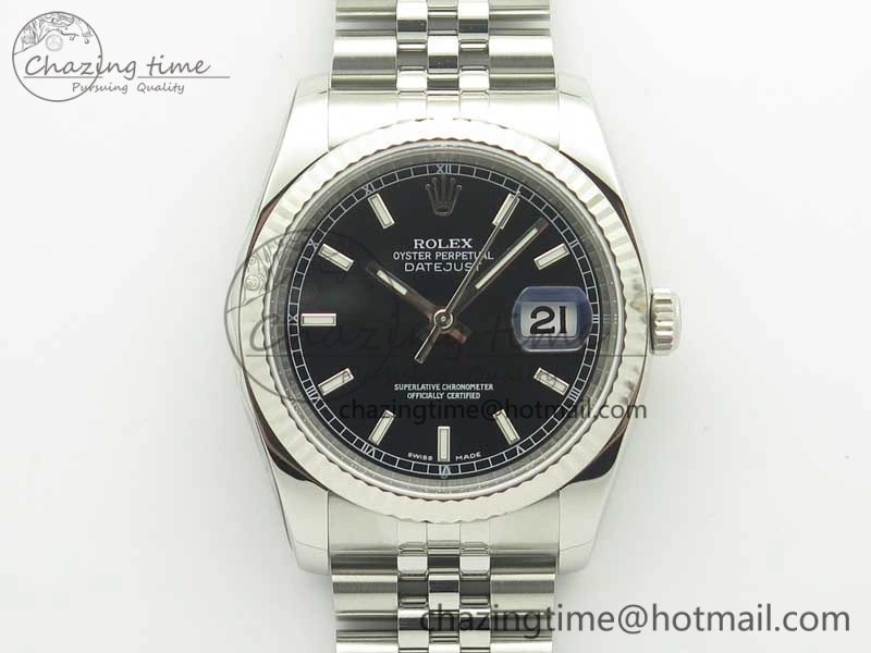 DateJust 36 116234 SS 904L ARF 1:1 Best Edition Black Dial Sticks Markers on 904L SS Jubilee Bracelet SA3135 V2