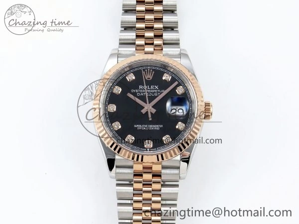 DateJust 36 126231 APF 1:1 Best Edition 904L Steel Black Diamonds Dial on SS RG Jubilee Bracelet VR3235