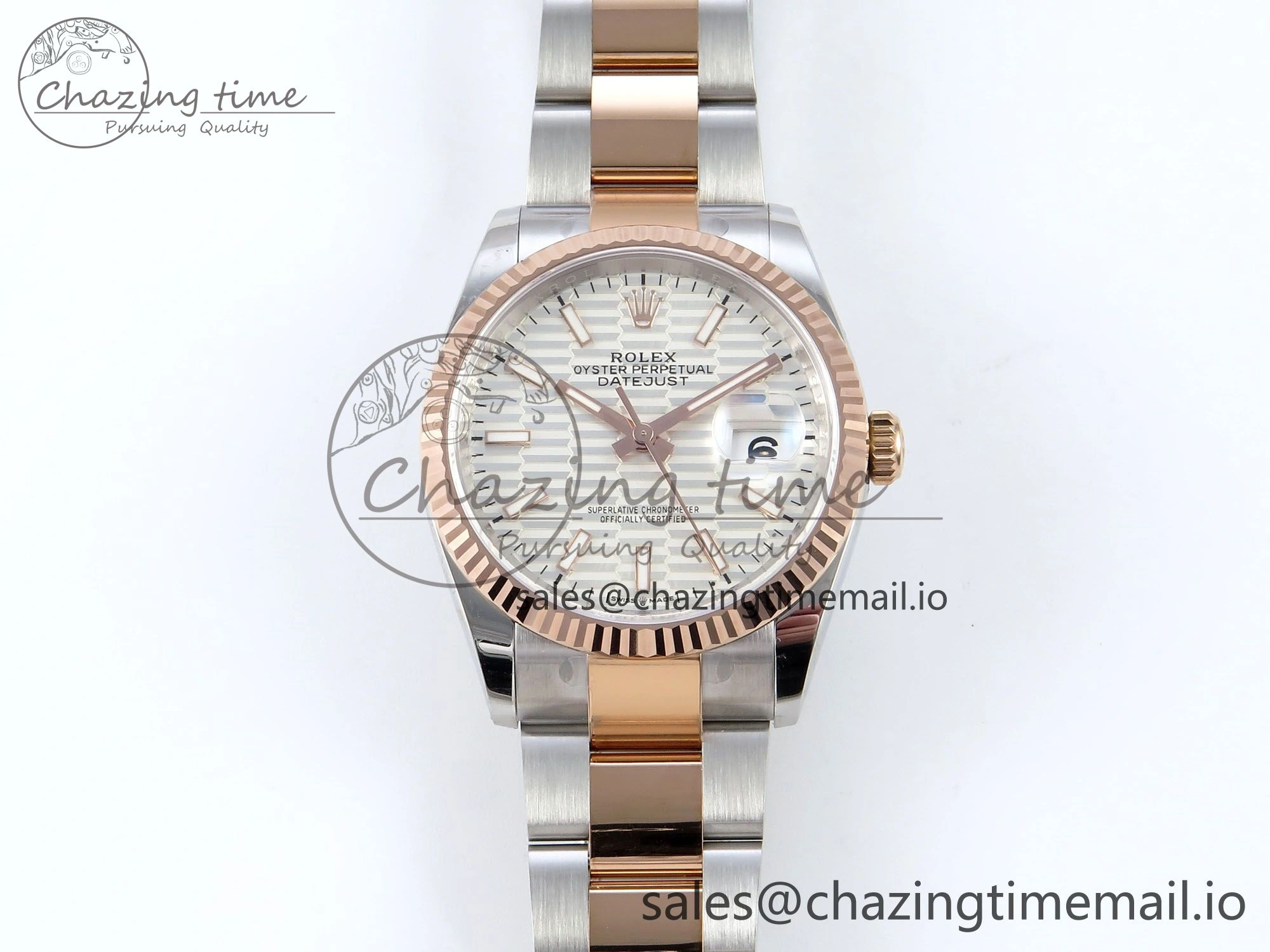DateJust 36 126231 EWEF Best Edition White Textured Stick on SS RG Oyster Bracelet A3235