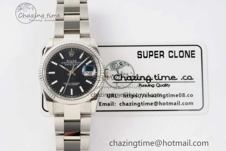 DateJust 36 SS DIWF 1:1 Best Edition 904L Steel Black Stick Dial on Oyster Bracelet SA3235