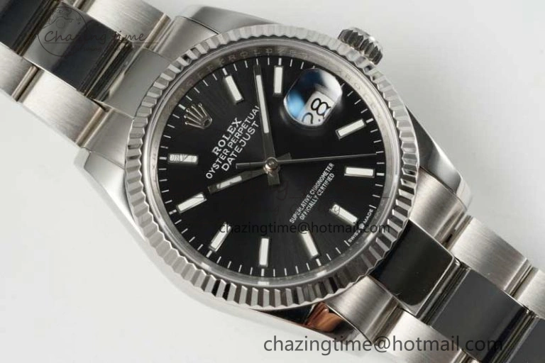 DateJust 36 SS DIWF 1:1 Best Edition 904L Steel Black Stick Dial on Oyster Bracelet SA3235