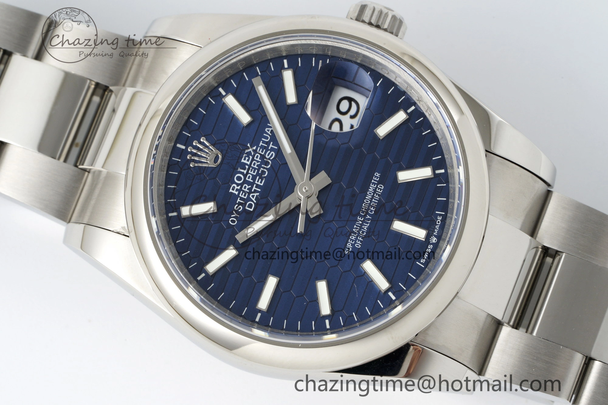 DateJust 36 SS JDF 904L Steel Blue Textured Dial on Oyster Bracelet VR3235 V2
