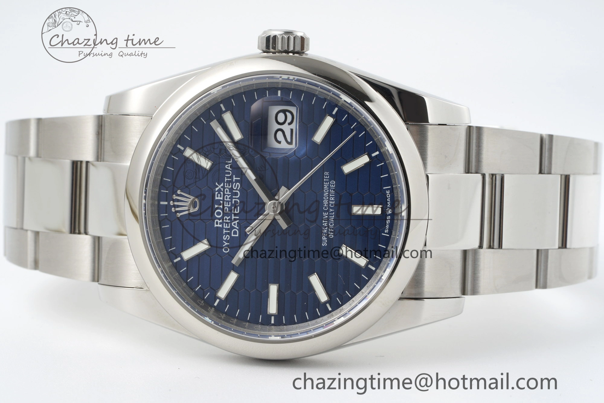 DateJust 36 SS JDF 904L Steel Blue Textured Dial on Oyster Bracelet VR3235 V2