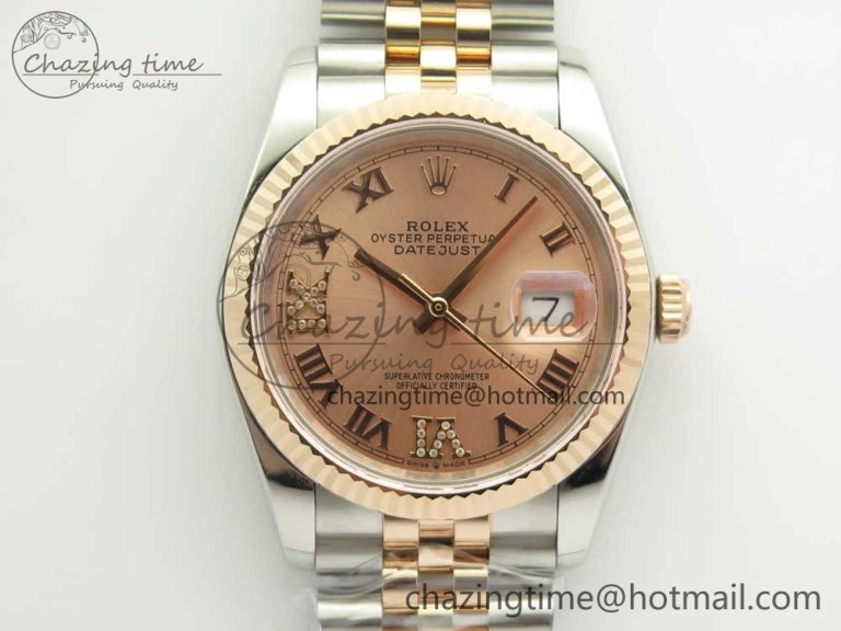 DateJust 36 SS RG 116231 RZF Best Edition 904L Steel RG Dial Diamond Roman Markers on SS RG Bracelet A2824