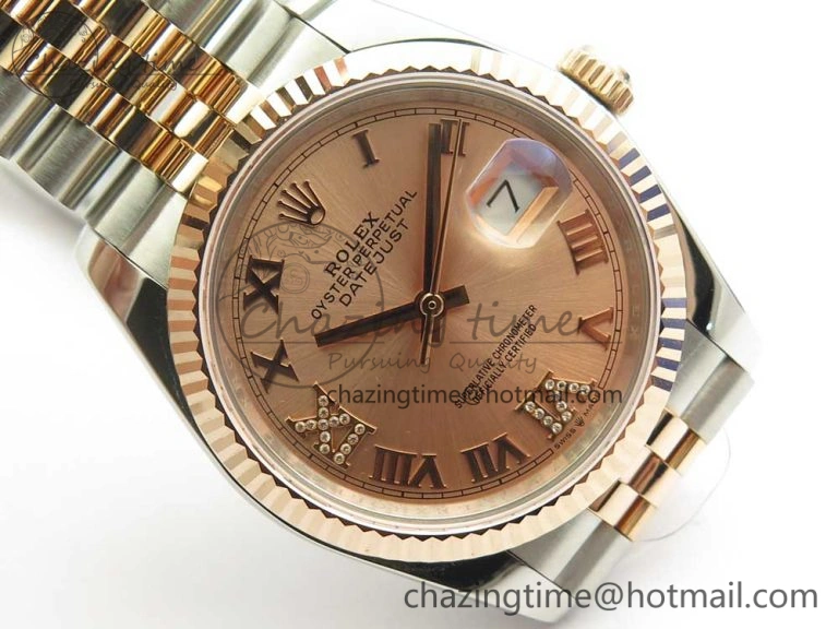 DateJust 36 SS RG 116231 RZF Best Edition 904L Steel RG Dial Diamond Roman Markers on SS RG Bracelet A2824