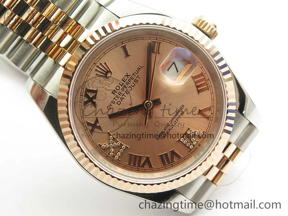 DateJust 36 SS RG 116231 RZF Best Edition 904L Steel RG Dial Diamond Roman Markers on SS RG Bracelet A2824