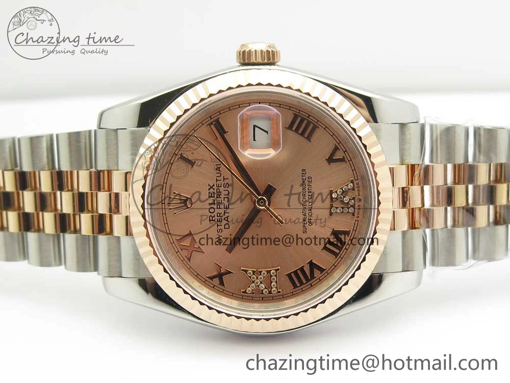 DateJust 36 SS RG 116231 RZF Best Edition 904L Steel RG Dial Diamond Roman Markers on SS RG Bracelet A2824