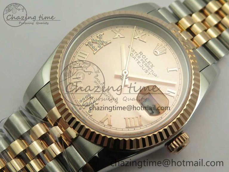 DateJust 36 SS RG 116231 RZF Best Edition 904L Steel RG Dial Diamond Roman Markers on SS RG Bracelet A2824